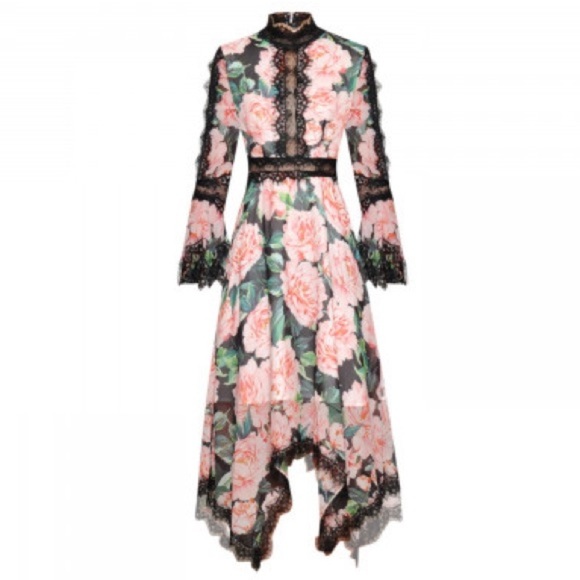 Floral Lace asymmetrical trim Silk Dress sz Small Pink Black - Picture 4 of 12